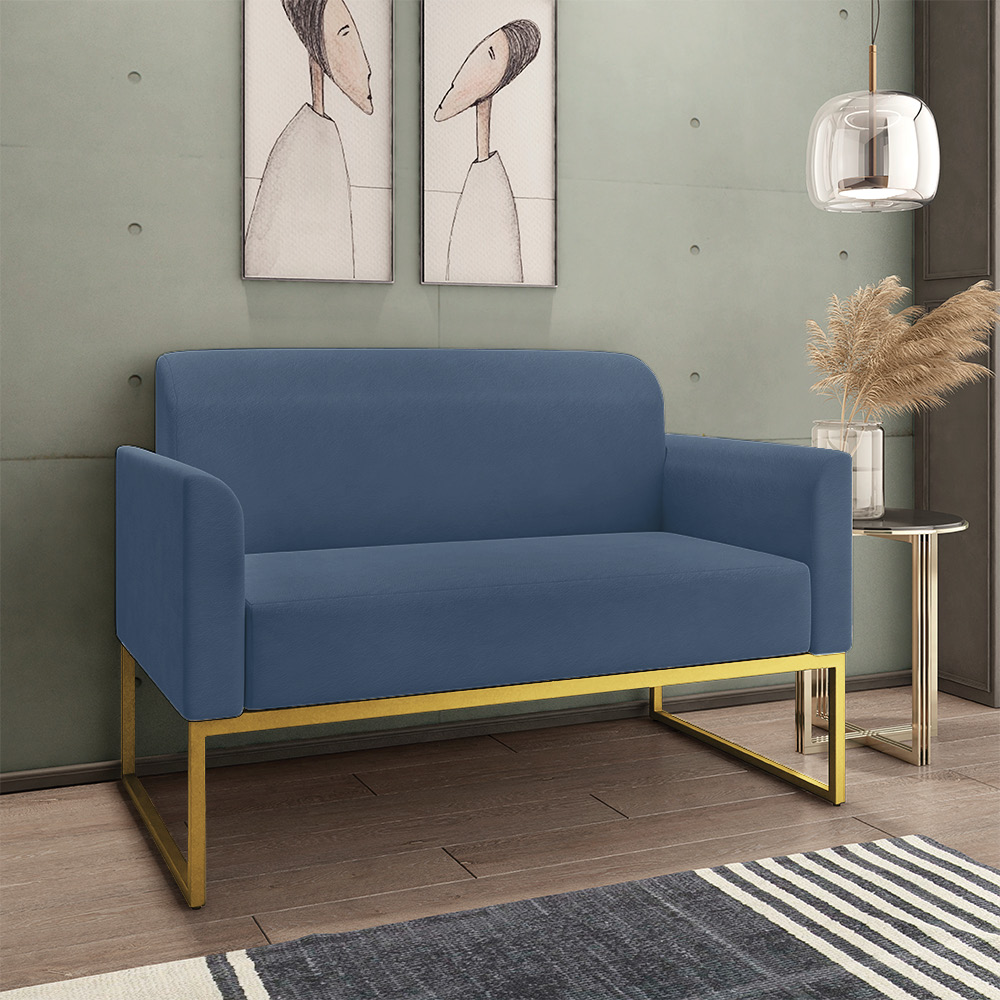 Kit 01 Namoradeira 02 Lugares e 01 Poltrona Marisa Suede Azul Marinho Base Industrial Metálica Dourado D'Rossi