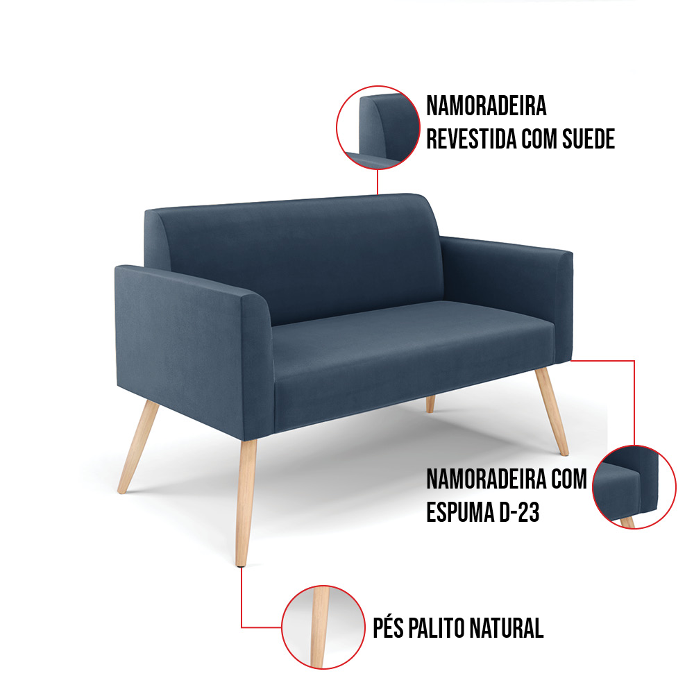 Kit 01 Namoradeira 02 Lugares e 01 Poltrona Marisa Suede Azul Marinho Pés Palito Natural D'Rossi