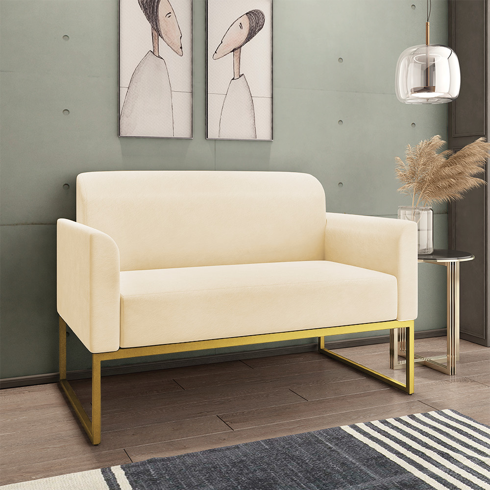 Kit 01 Namoradeira 02 Lugares e 01 Poltrona Marisa Suede Bege Base Industrial Metálica Dourado D'Rossi