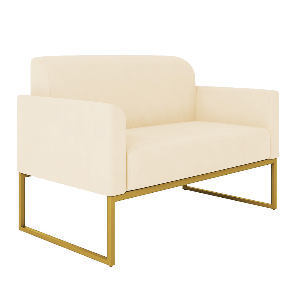 Kit 01 Namoradeira 02 Lugares e 01 Poltrona Marisa Suede Bege Base Industrial Metálica Dourado D'Rossi