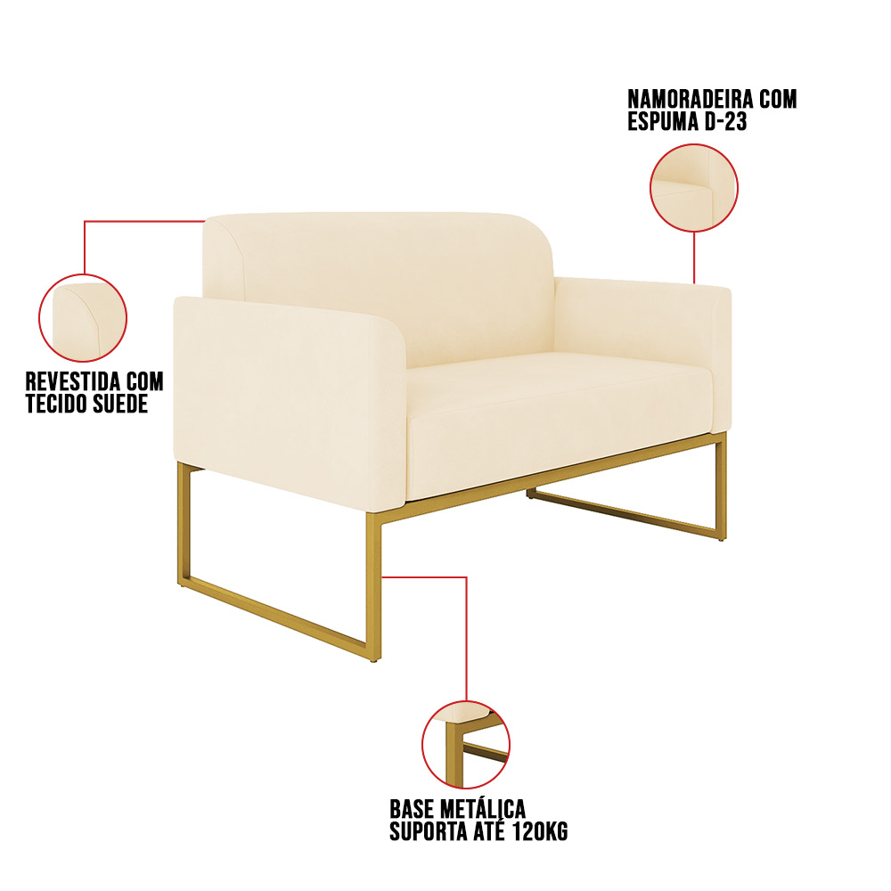 Kit 01 Namoradeira 02 Lugares e 01 Poltrona Marisa Suede Bege Base Industrial Metálica Dourado D'Rossi