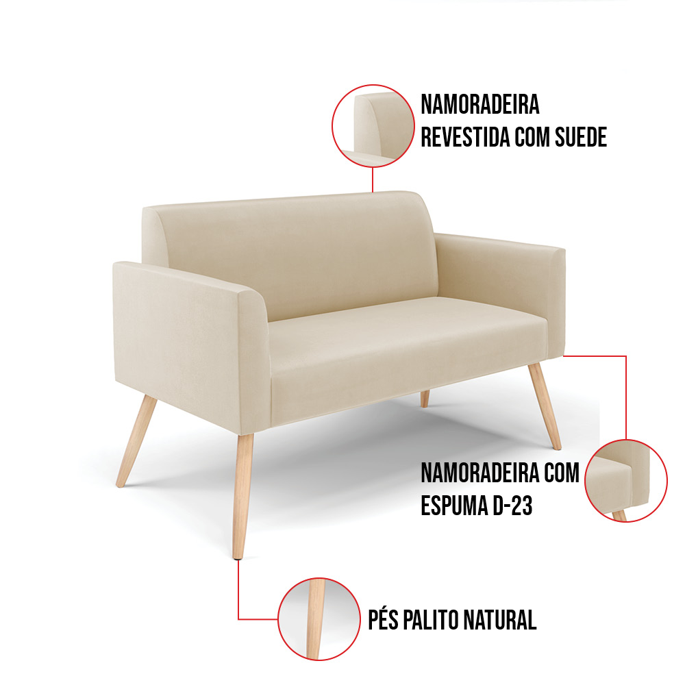 Kit 01 Namoradeira 02 Lugares e 01 Poltrona Marisa Suede Bege Pés Palito Natural D'Rossi