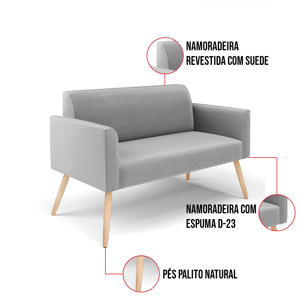 Kit 01 Namoradeira 02 Lugares e 01 Poltrona Marisa Suede Cinza Pés Palito Natural D'Rossi
