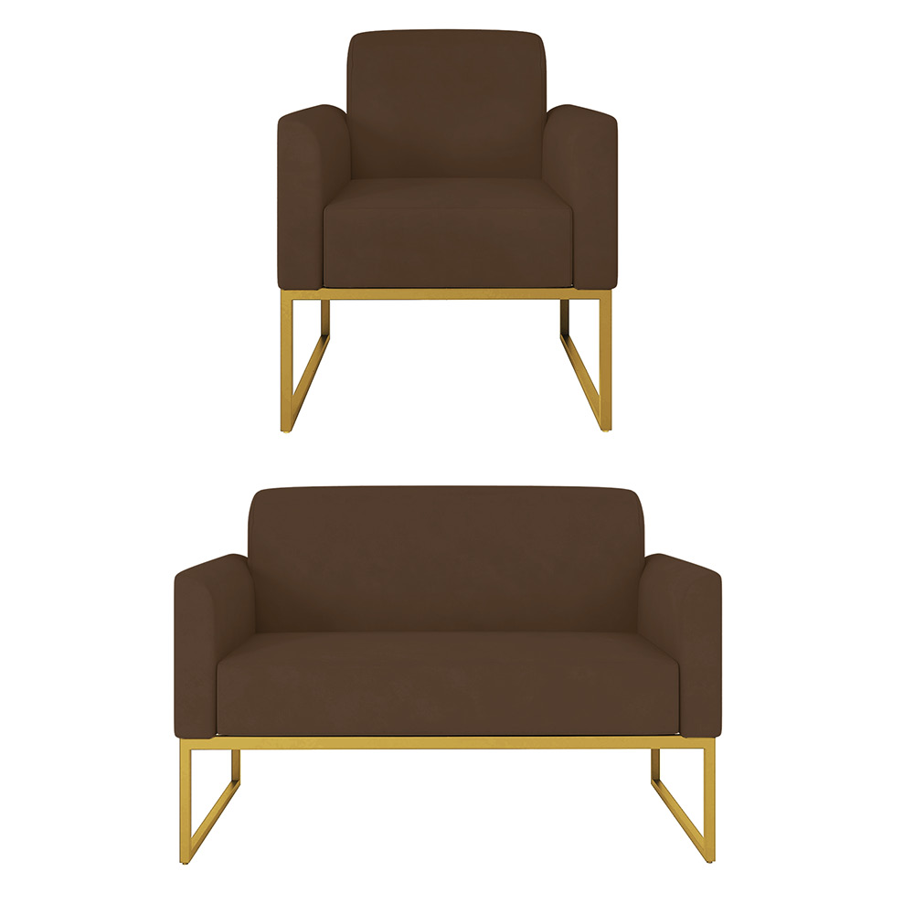Kit 01 Namoradeira 02 Lugares e 01 Poltrona Marisa Suede Marrom Base Industrial Metálica Dourado D'Rossi