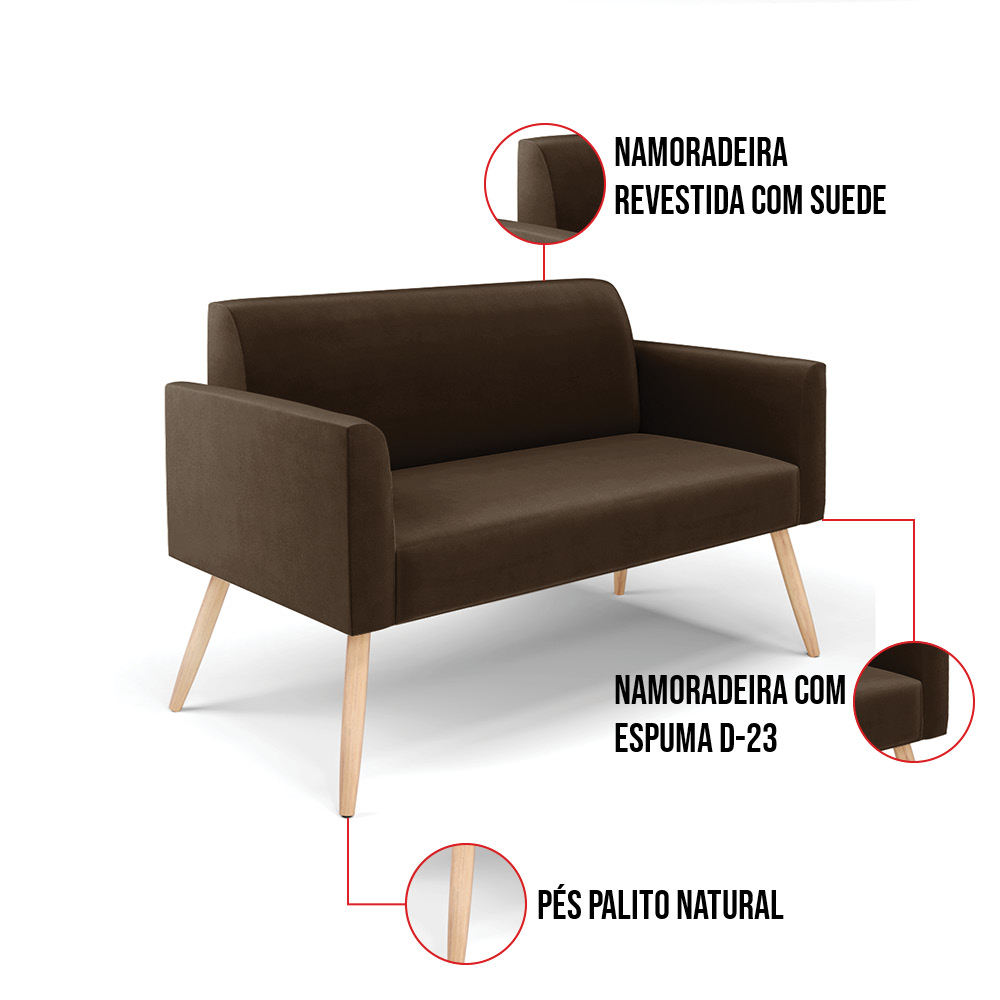 Kit 01 Namoradeira 02 Lugares e 01 Poltrona Marisa Suede Marrom Pés Palito Natural D'Rossi