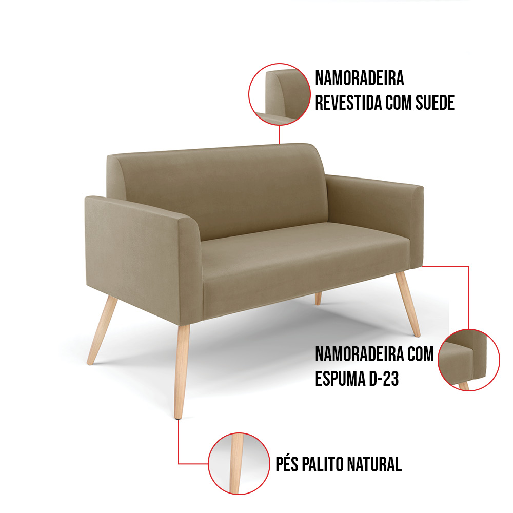 Kit 01 Namoradeira 02 Lugares e 01 Poltrona Marisa Suede Marrom Rato Pés Palito Natural D'Rossi