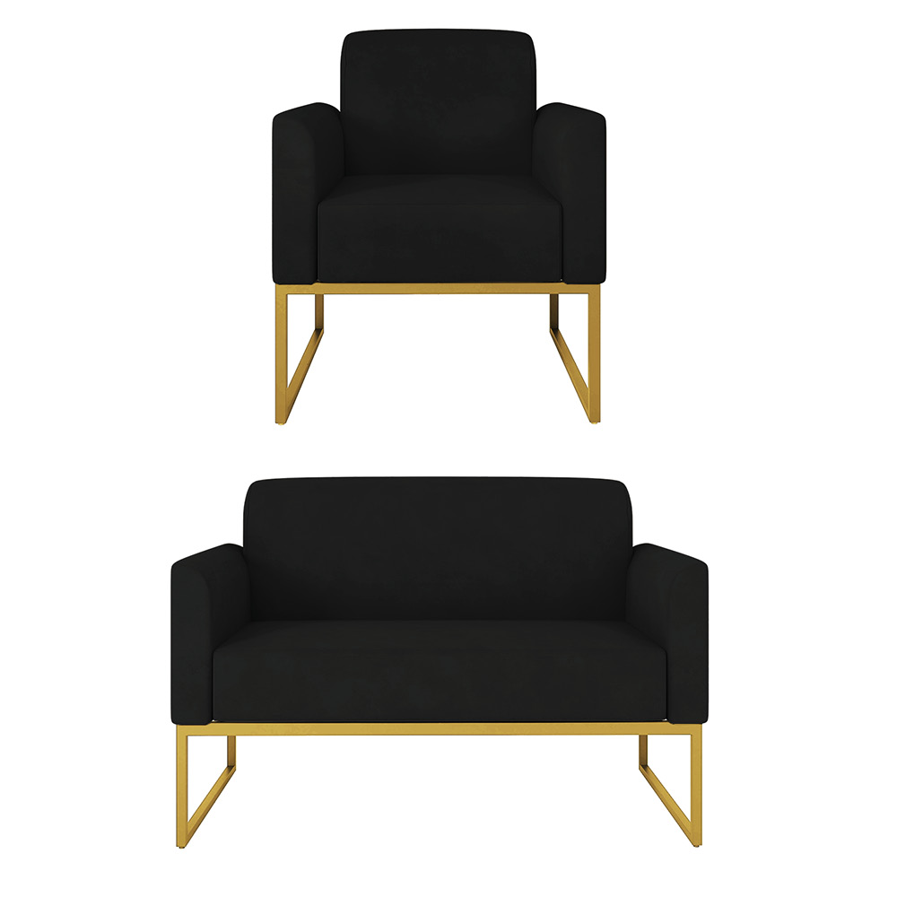 Kit 01 Namoradeira 02 Lugares e 01 Poltrona Marisa Suede Preto Base Industrial Metálica Dourado D'Rossi