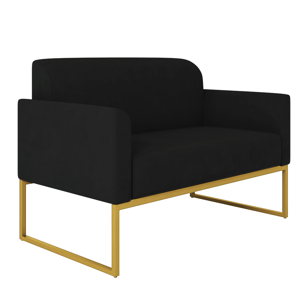 Kit 01 Namoradeira 02 Lugares e 01 Poltrona Marisa Suede Preto Base Industrial Metálica Dourado D'Rossi