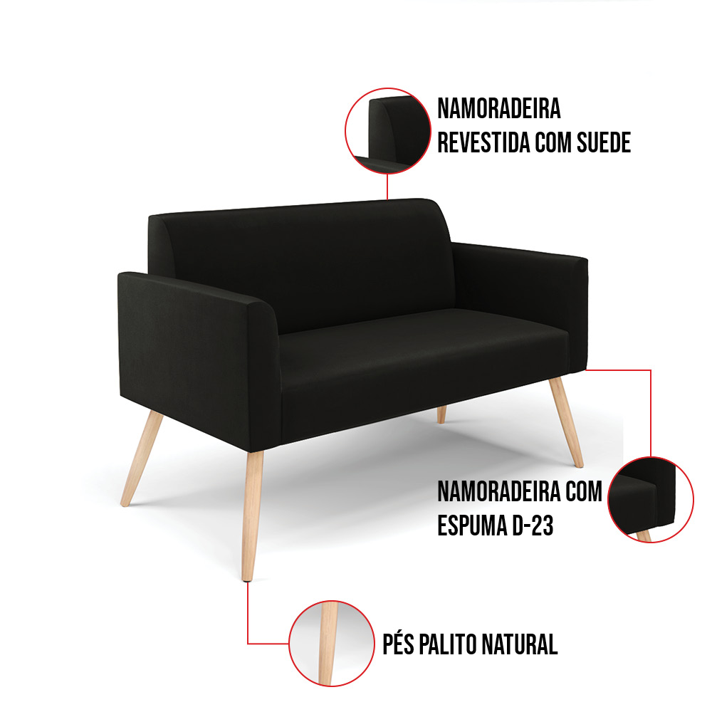 Kit 01 Namoradeira 02 Lugares e 01 Poltrona Marisa Suede Preto Pés Palito Natural D'Rossi