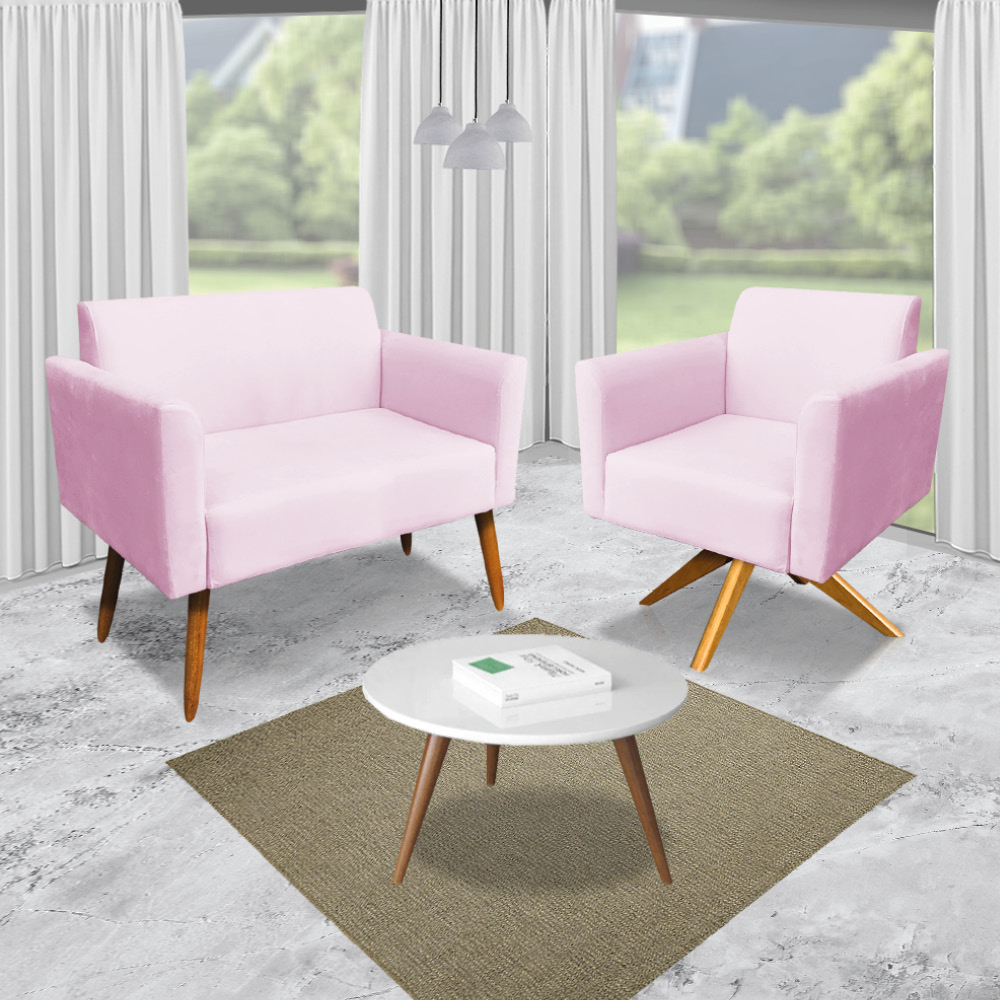 Kit 01 Namoradeira 02 Lugares e 01 Poltrona Marisa Suede Rosa Bebê Base Giratória Madeira MA30 D'Rossi