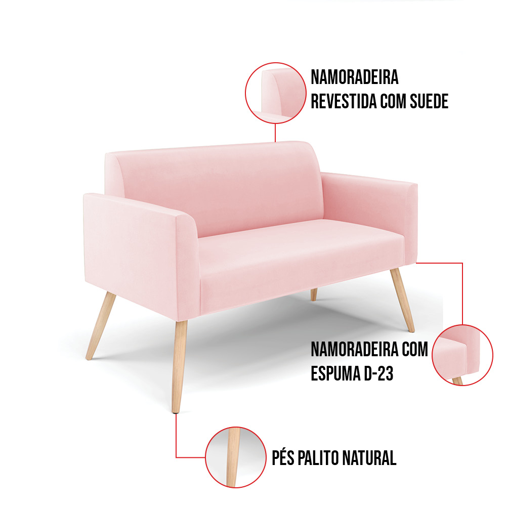 Kit 01 Namoradeira 02 Lugares e 01 Poltrona Marisa Suede Rosa Bebê Pés Palito Natural D'Rossi