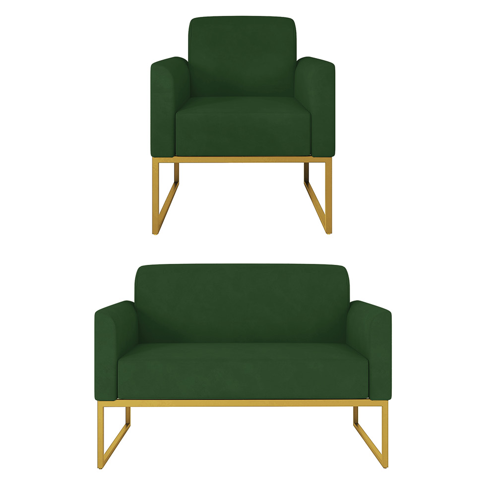 Kit 01 Namoradeira 02 Lugares e 01 Poltrona Marisa Suede Verde Base Industrial Metálica Dourado D'Rossi