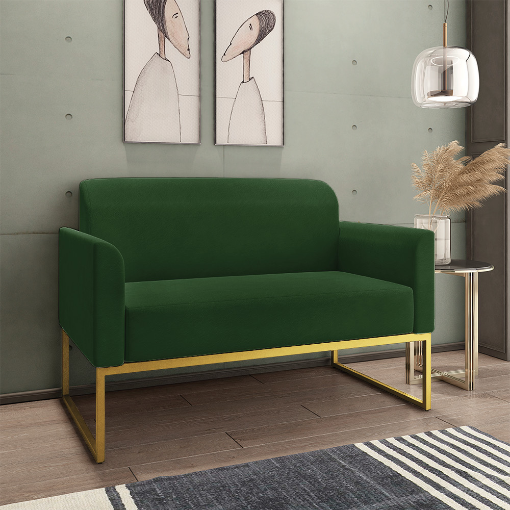 Kit 01 Namoradeira 02 Lugares e 01 Poltrona Marisa Suede Verde Base Industrial Metálica Dourado D'Rossi