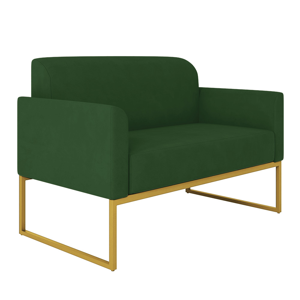 Kit 01 Namoradeira 02 Lugares e 01 Poltrona Marisa Suede Verde Base Industrial Metálica Dourado D'Rossi