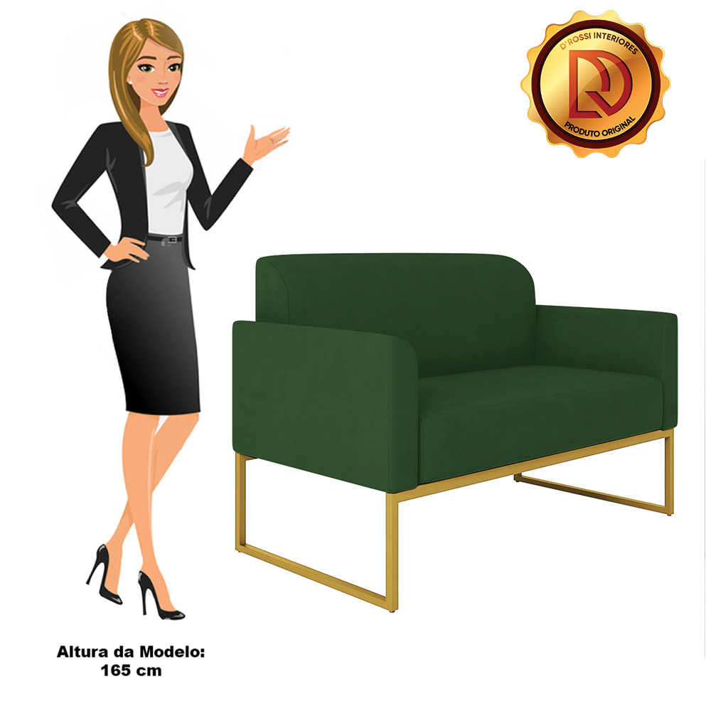 Kit 01 Namoradeira 02 Lugares e 01 Poltrona Marisa Suede Verde Base Industrial Metálica Dourado D'Rossi