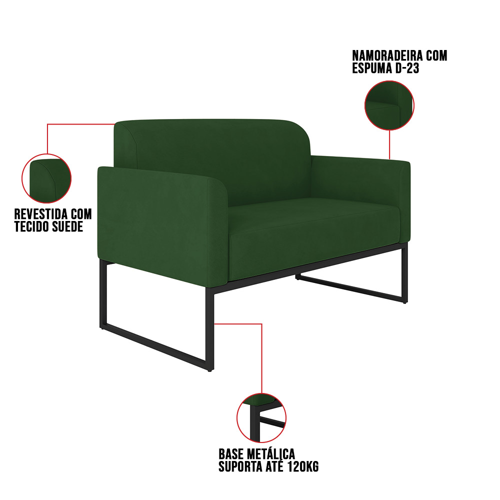 Kit 01 Namoradeira 02 Lugares e 01 Poltrona Marisa Suede Verde Base Industrial Metálica Preto D'Rossi