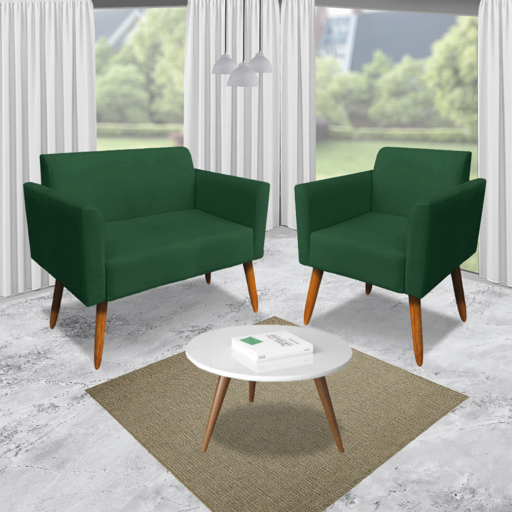 Kit 01 Namoradeira 02 Lugares e 01 Poltrona Marisa Suede Verde Pés Palito Castanho D'Rossi