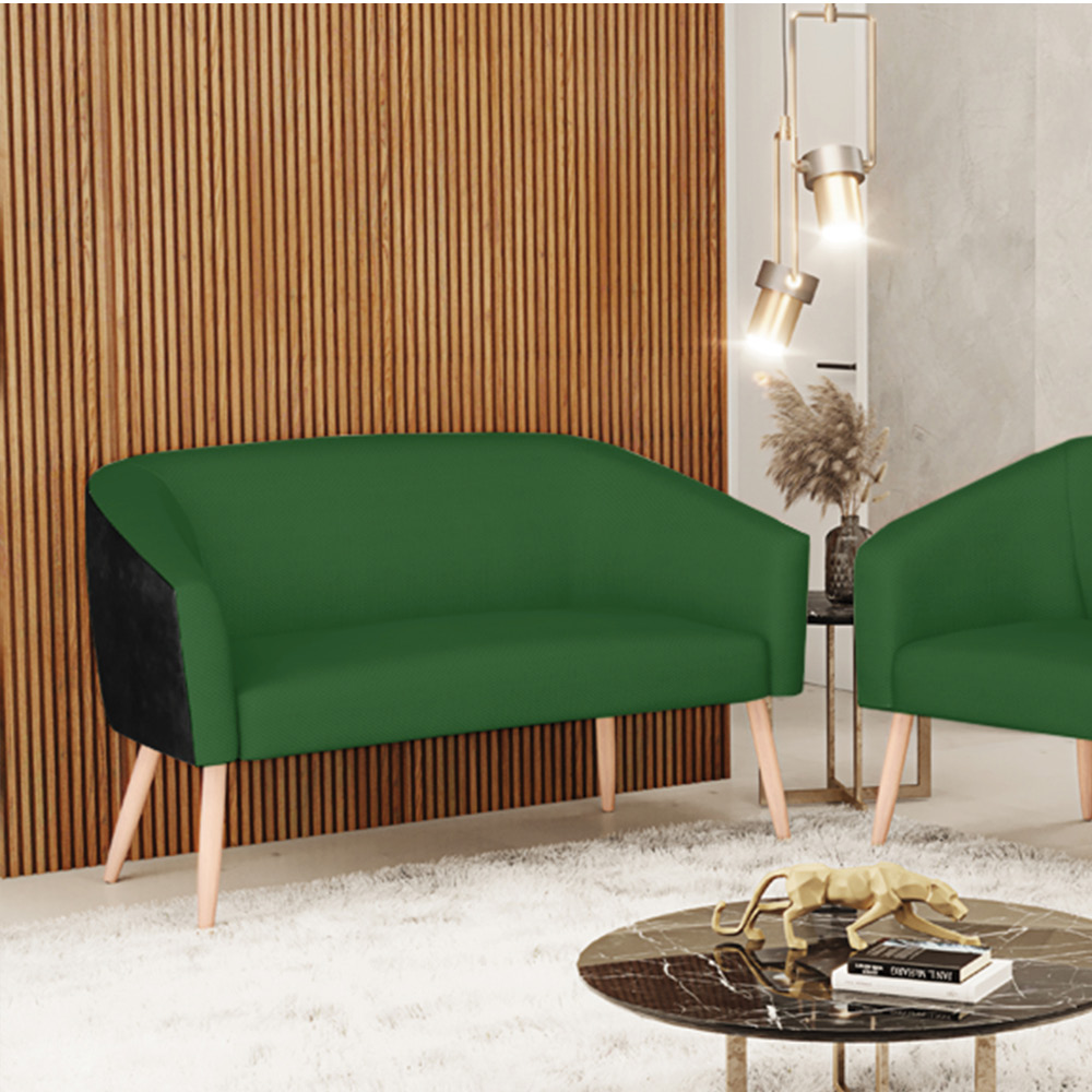 Kit 01 Namoradeira 02 Lugares e 01 Poltrona Stella Corano Preto com Veludo Luxo Verde A136 Pés Palito Natural - D'Rossi
