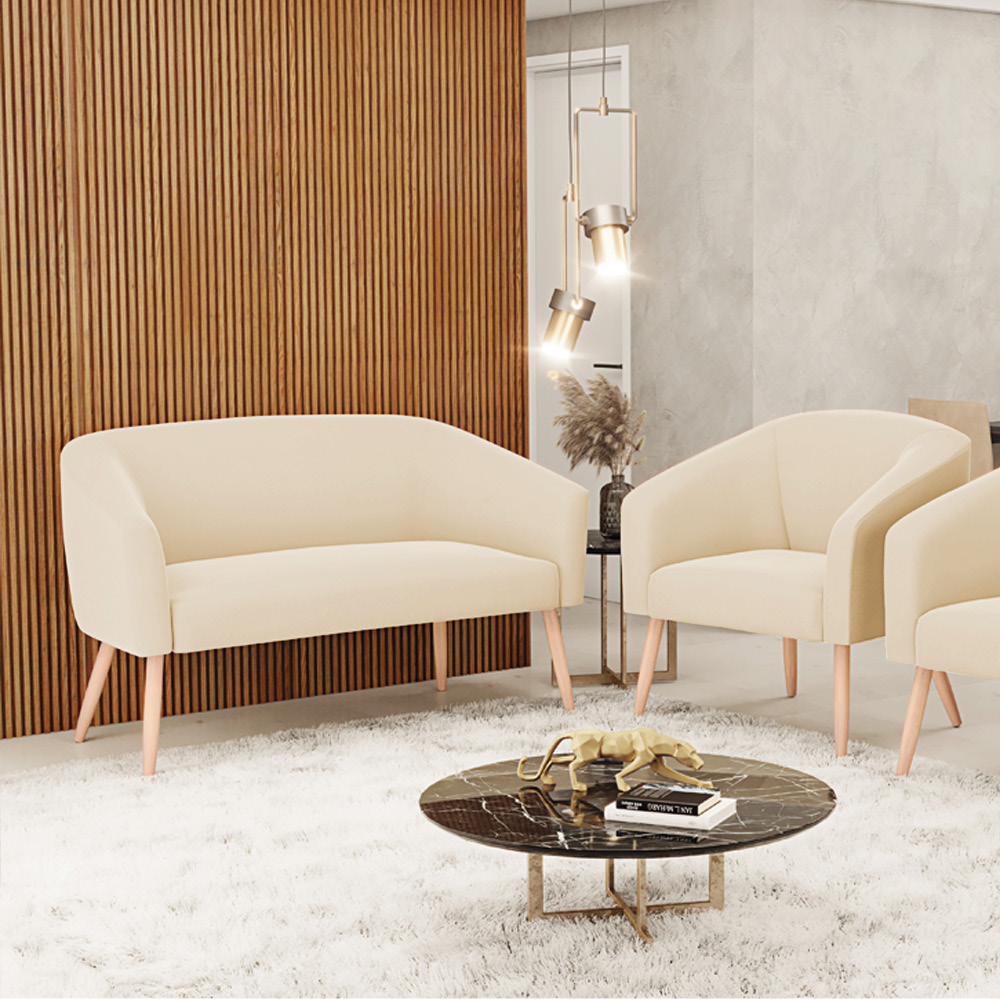 Kit 01 Namoradeira 02 Lugares e 01 Poltrona Stella Suede Bege Pés Palito Natural - D'Rossi