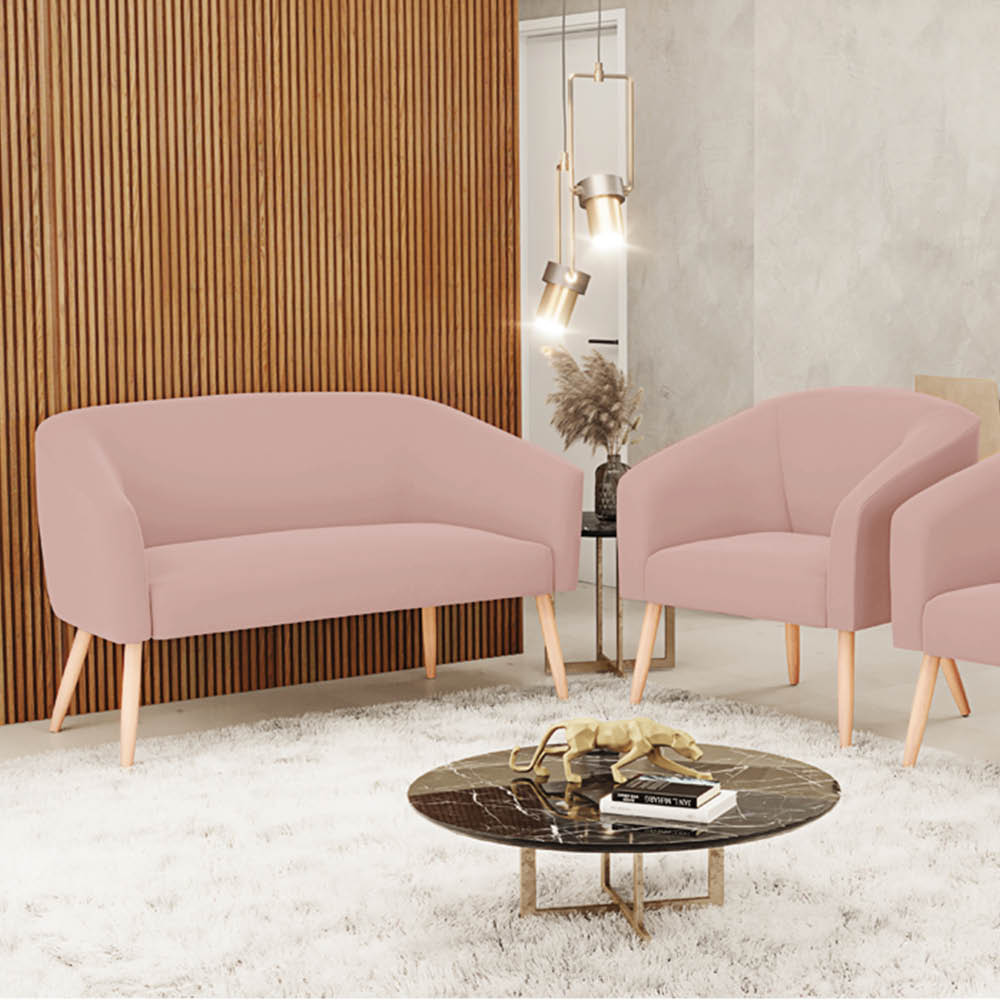 Kit 01 Namoradeira 02 Lugares e 01 Poltrona Stella Veludo Rosê Pés Palito Natural - D'Rossi