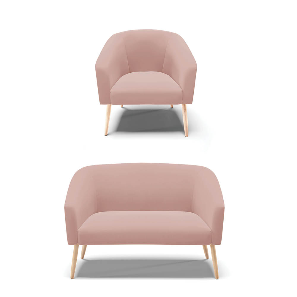 Kit 01 Namoradeira 02 Lugares e 01 Poltrona Stella Veludo Rosê Pés Palito Natural - D'Rossi