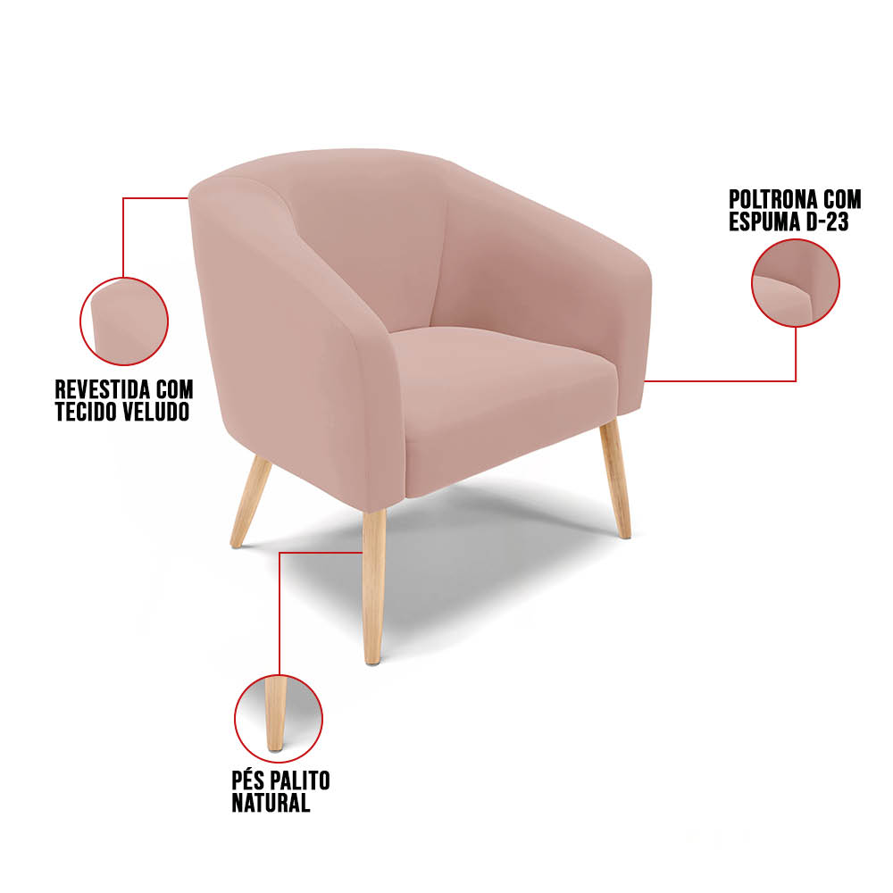 Kit 01 Namoradeira 02 Lugares e 01 Poltrona Stella Veludo Rosê Pés Palito Natural - D'Rossi