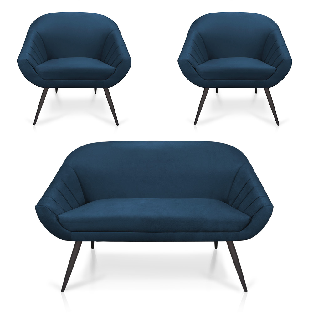 Kit 01 Namoradeira 02 Lugares e 02 Poltronas Giovana Suede Azul Marinho Pés Palito De Ferro - D'Rossi