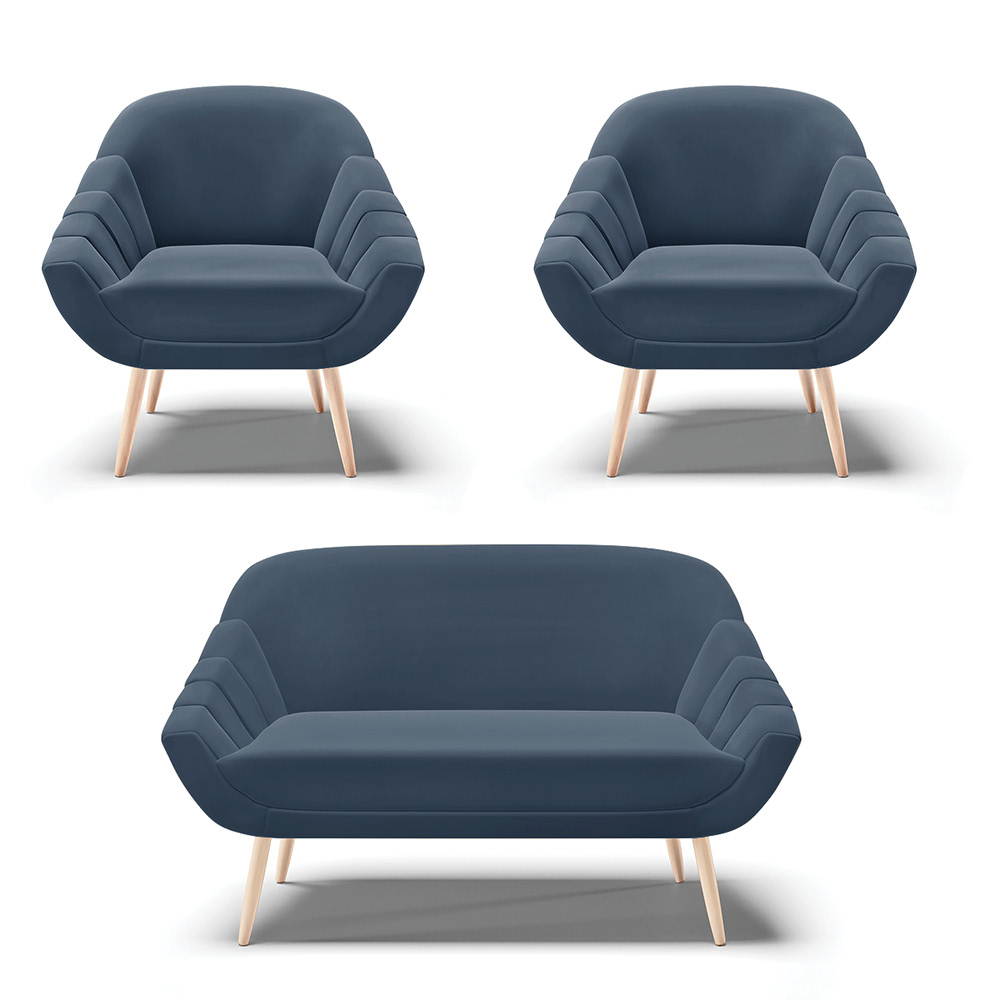 Kit 01 Namoradeira 02 Lugares e 02 Poltronas Giovana Suede Azul Marinho Pés Palito Natural - D'Rossi
