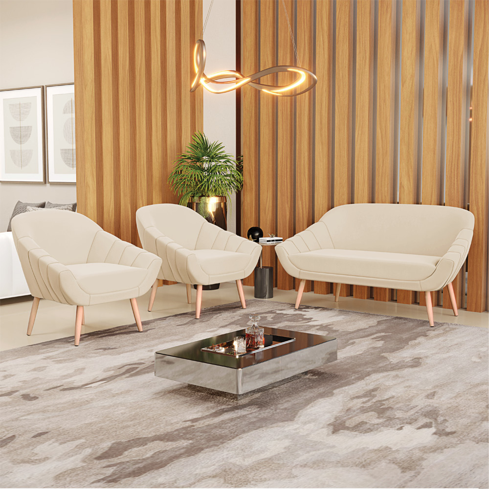Kit 01 Namoradeira 02 Lugares e 02 Poltronas Giovana Suede Bege Pés Palito Natural - D'Rossi