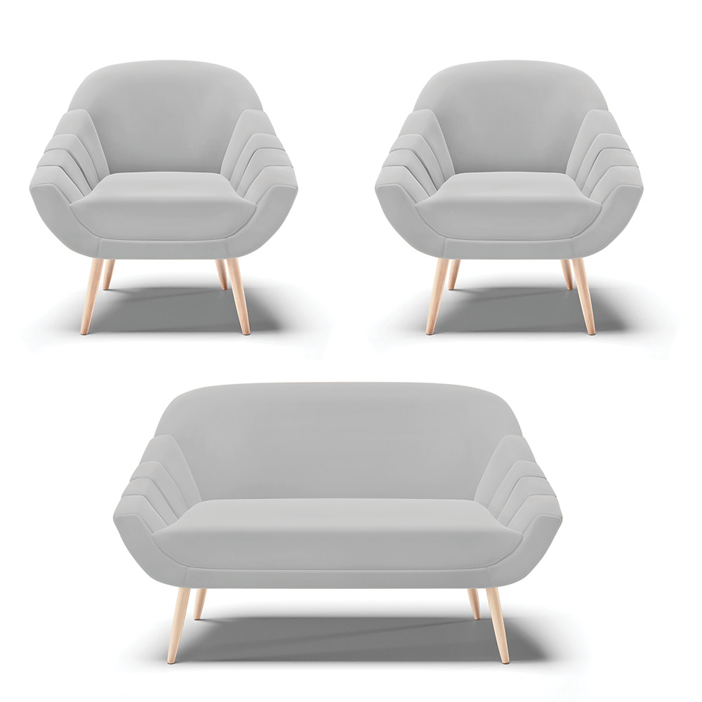 Kit 01 Namoradeira 02 Lugares e 02 Poltronas Giovana Suede Cinza Pés Palito Natural - D'Rossi
