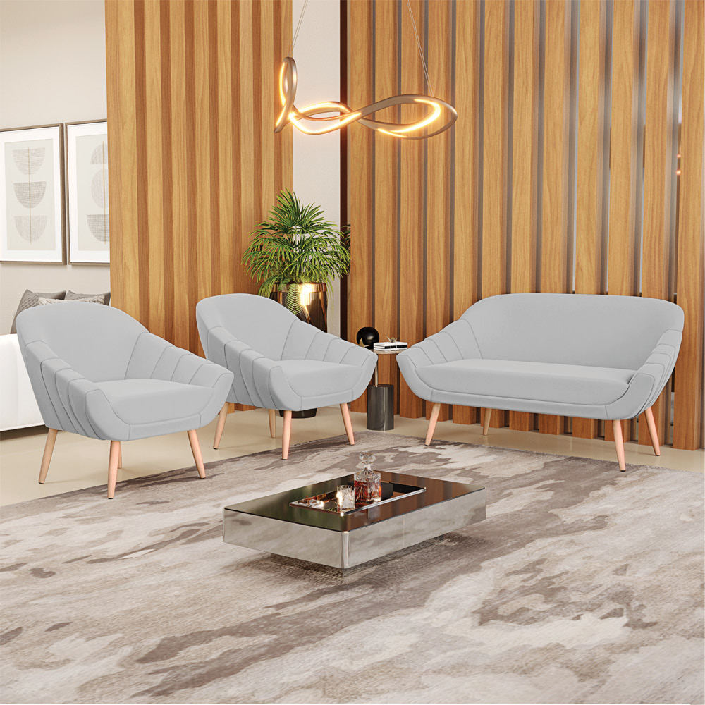 Kit 01 Namoradeira 02 Lugares e 02 Poltronas Giovana Suede Cinza Pés Palito Natural - D'Rossi