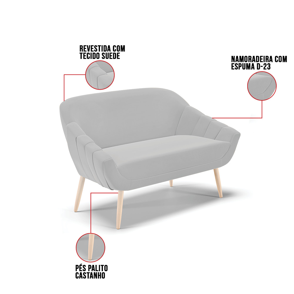 Kit 01 Namoradeira 02 Lugares e 02 Poltronas Giovana Suede Cinza Pés Palito Natural - D'Rossi