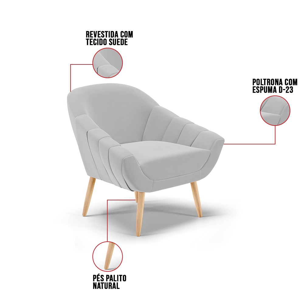 Kit 01 Namoradeira 02 Lugares e 02 Poltronas Giovana Suede Cinza Pés Palito Natural - D'Rossi