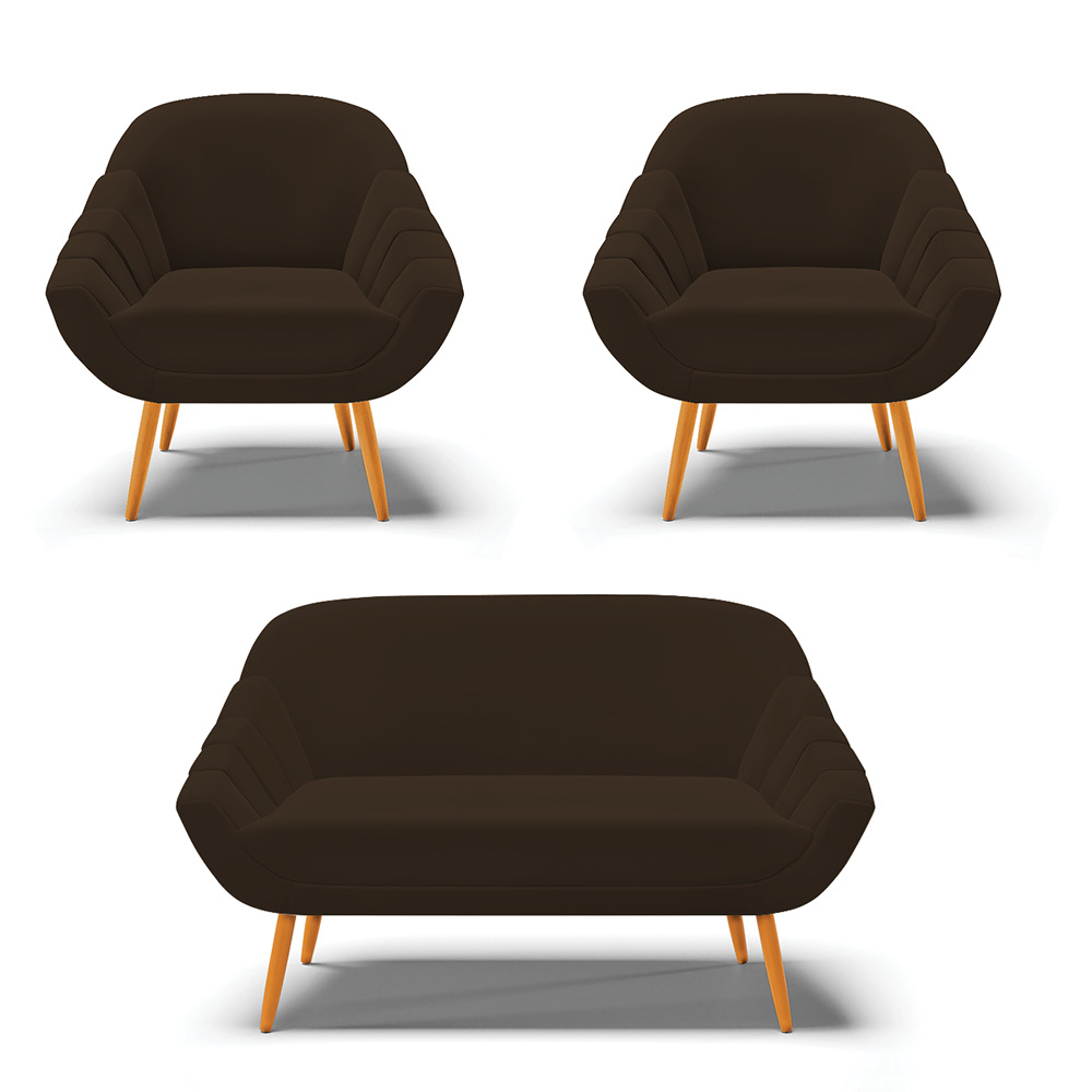 Kit 01 Namoradeira 02 Lugares e 02 Poltronas Giovana Suede Marrom Pés Palito Castanho - D'Rossi