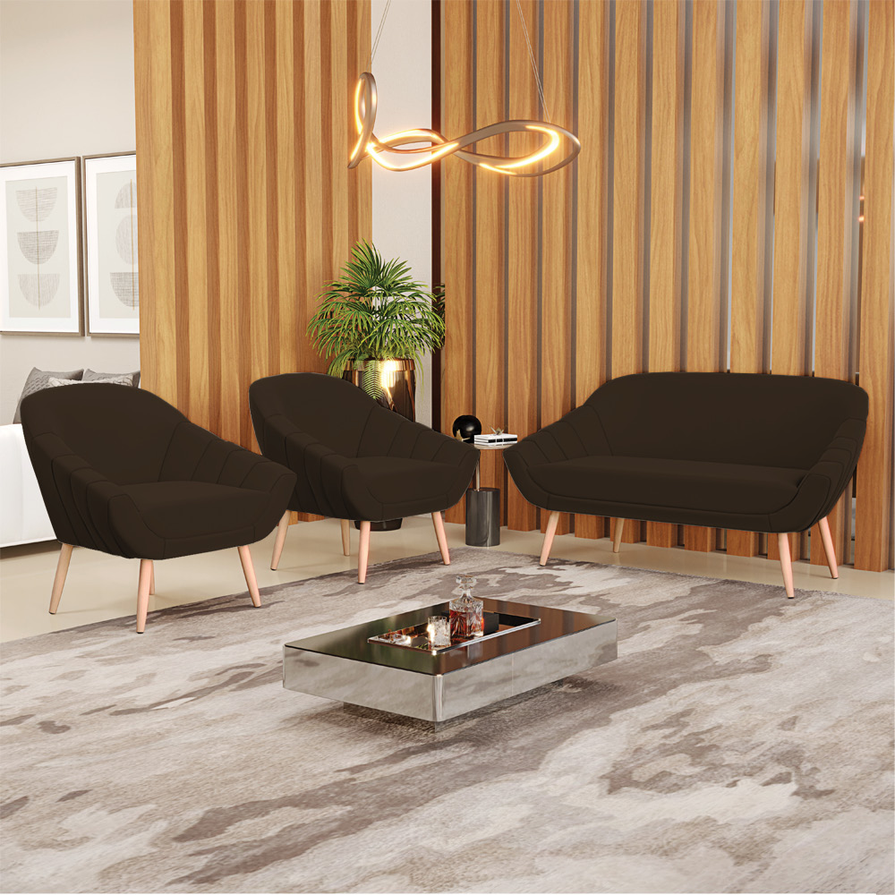 Kit 01 Namoradeira 02 Lugares e 02 Poltronas Giovana Suede Marrom Pés Palito Natural - D'Rossi