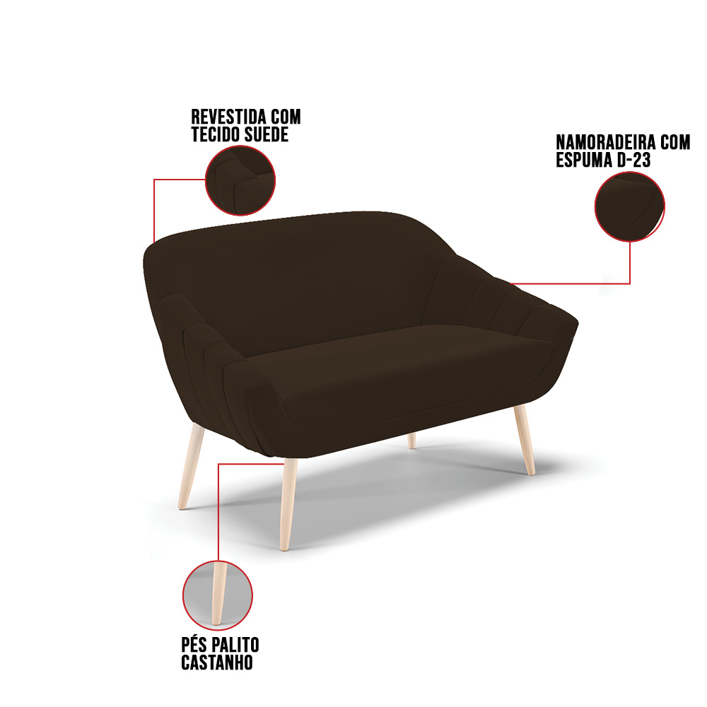 Kit 01 Namoradeira 02 Lugares e 02 Poltronas Giovana Suede Marrom Pés Palito Natural - D'Rossi