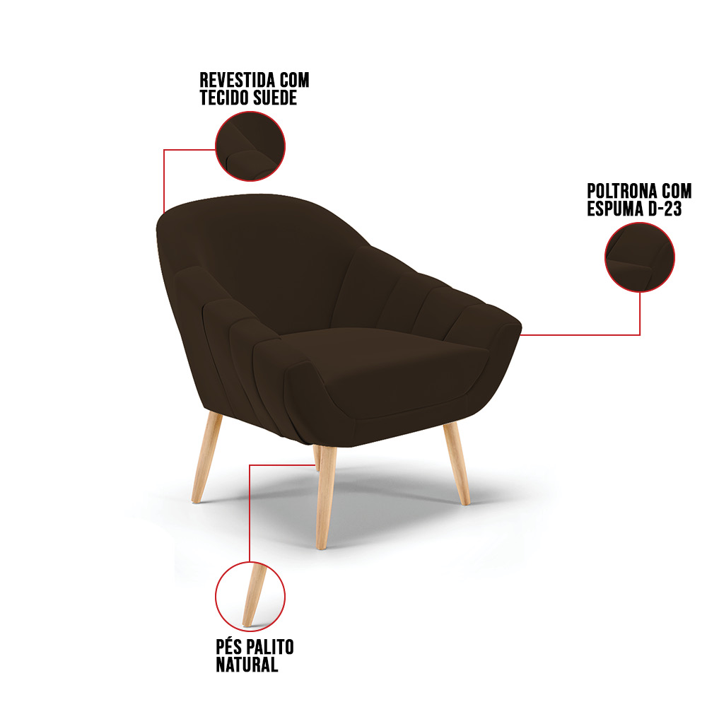 Kit 01 Namoradeira 02 Lugares e 02 Poltronas Giovana Suede Marrom Pés Palito Natural - D'Rossi