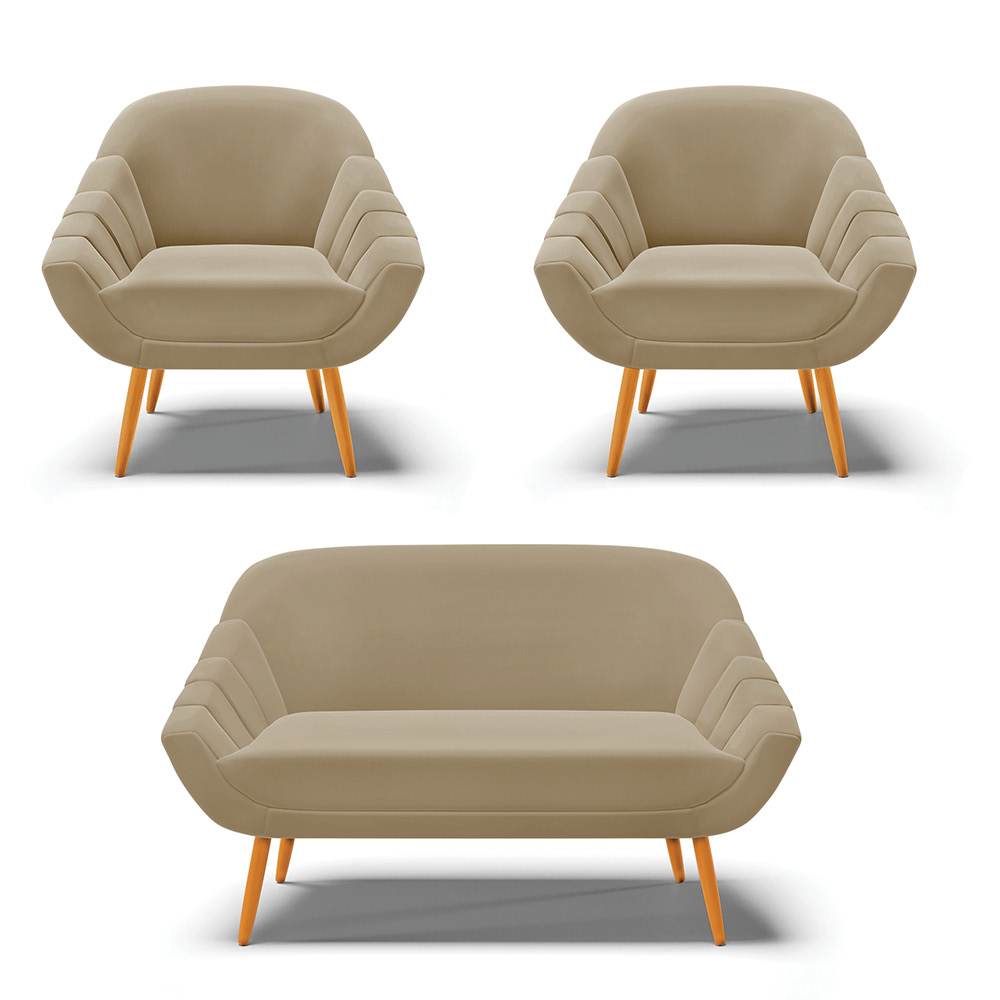 Kit 01 Namoradeira 02 Lugares e 02 Poltronas Giovana Suede Marrom Rato Pés Palito Castanho - D'Rossi