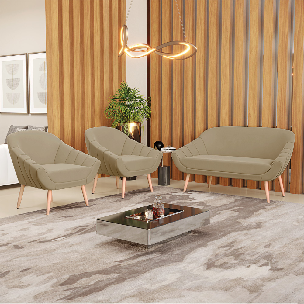 Kit 01 Namoradeira 02 Lugares e 02 Poltronas Giovana Suede Marrom Rato Pés Palito Natural - D'Rossi