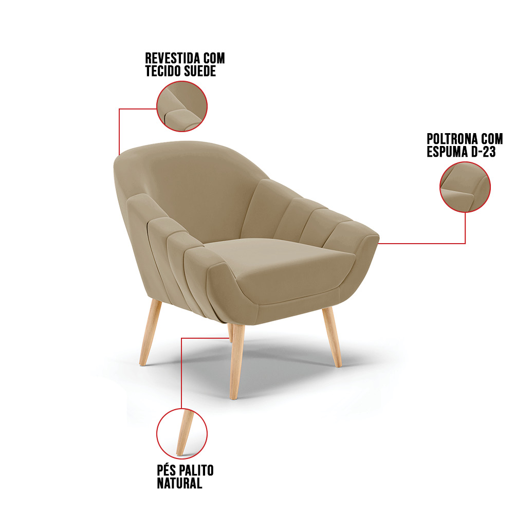 Kit 01 Namoradeira 02 Lugares e 02 Poltronas Giovana Suede Marrom Rato Pés Palito Natural - D'Rossi