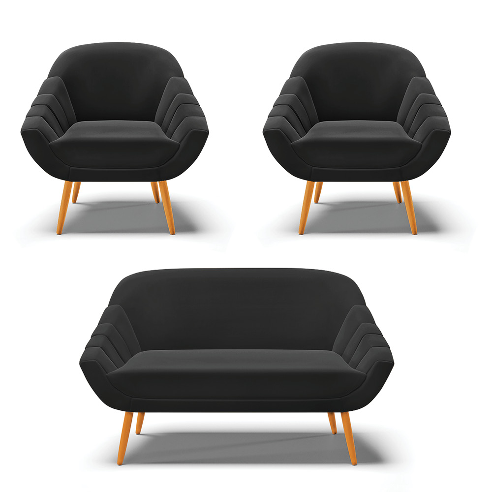 Kit 01 Namoradeira 02 Lugares e 02 Poltronas Giovana Suede Preto Pés Palito Castanho - D'Rossi