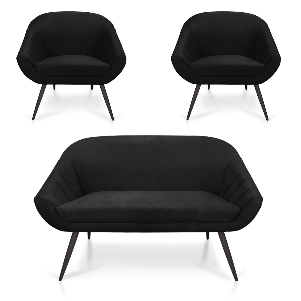 Kit 01 Namoradeira 02 Lugares e 02 Poltronas Giovana Suede Preto Pés Palito De Ferro - D'Rossi