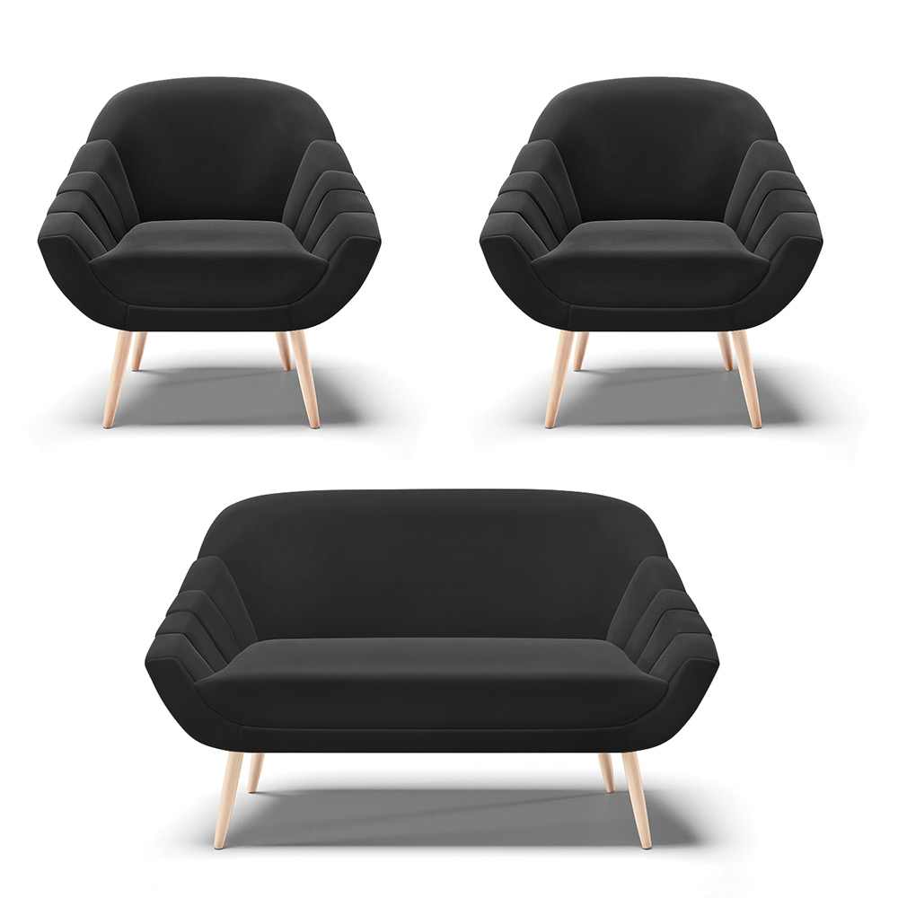 Kit 01 Namoradeira 02 Lugares e 02 Poltronas Giovana Suede Preto Pés Palito Natural - D'Rossi
