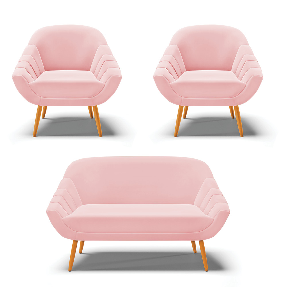 Kit 01 Namoradeira 02 Lugares e 02 Poltronas Giovana Suede Rosa Bebê Pés Palito Castanho - D'Rossi