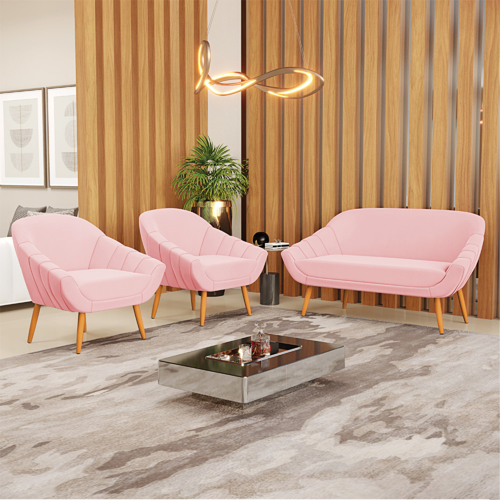 Kit 01 Namoradeira 02 Lugares e 02 Poltronas Giovana Suede Rosa Bebê Pés Palito Castanho - D'Rossi