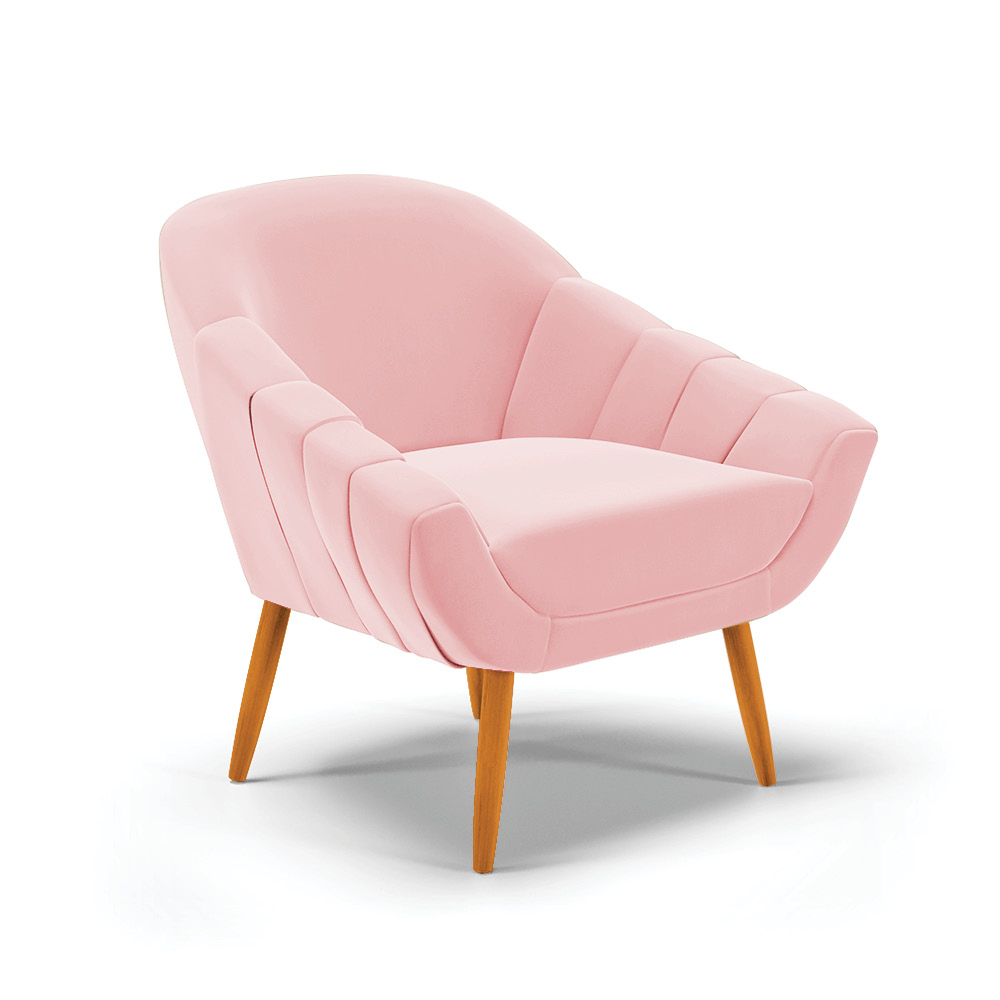 Kit 01 Namoradeira 02 Lugares e 02 Poltronas Giovana Suede Rosa Bebê Pés Palito Castanho - D'Rossi
