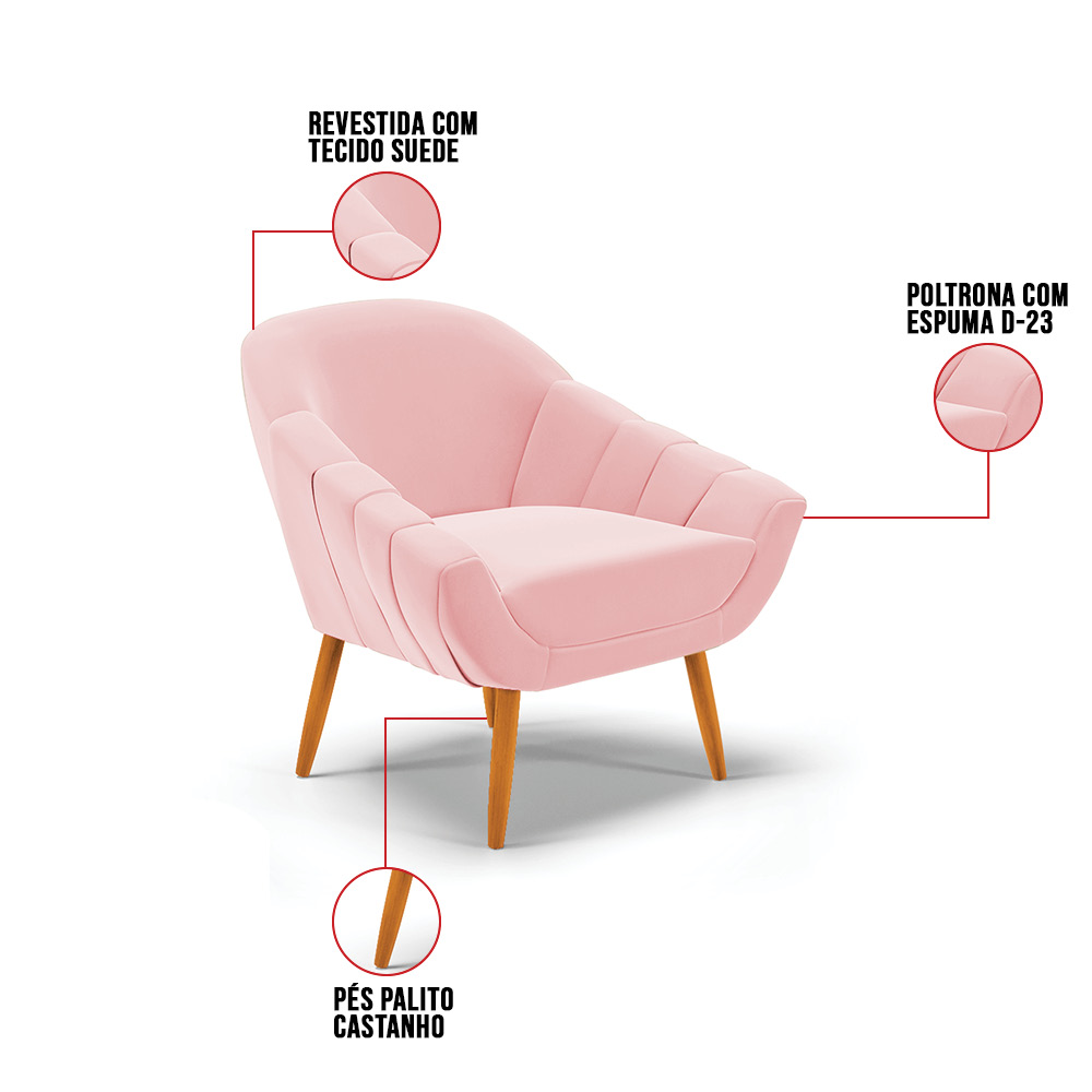 Kit 01 Namoradeira 02 Lugares e 02 Poltronas Giovana Suede Rosa Bebê Pés Palito Castanho - D'Rossi