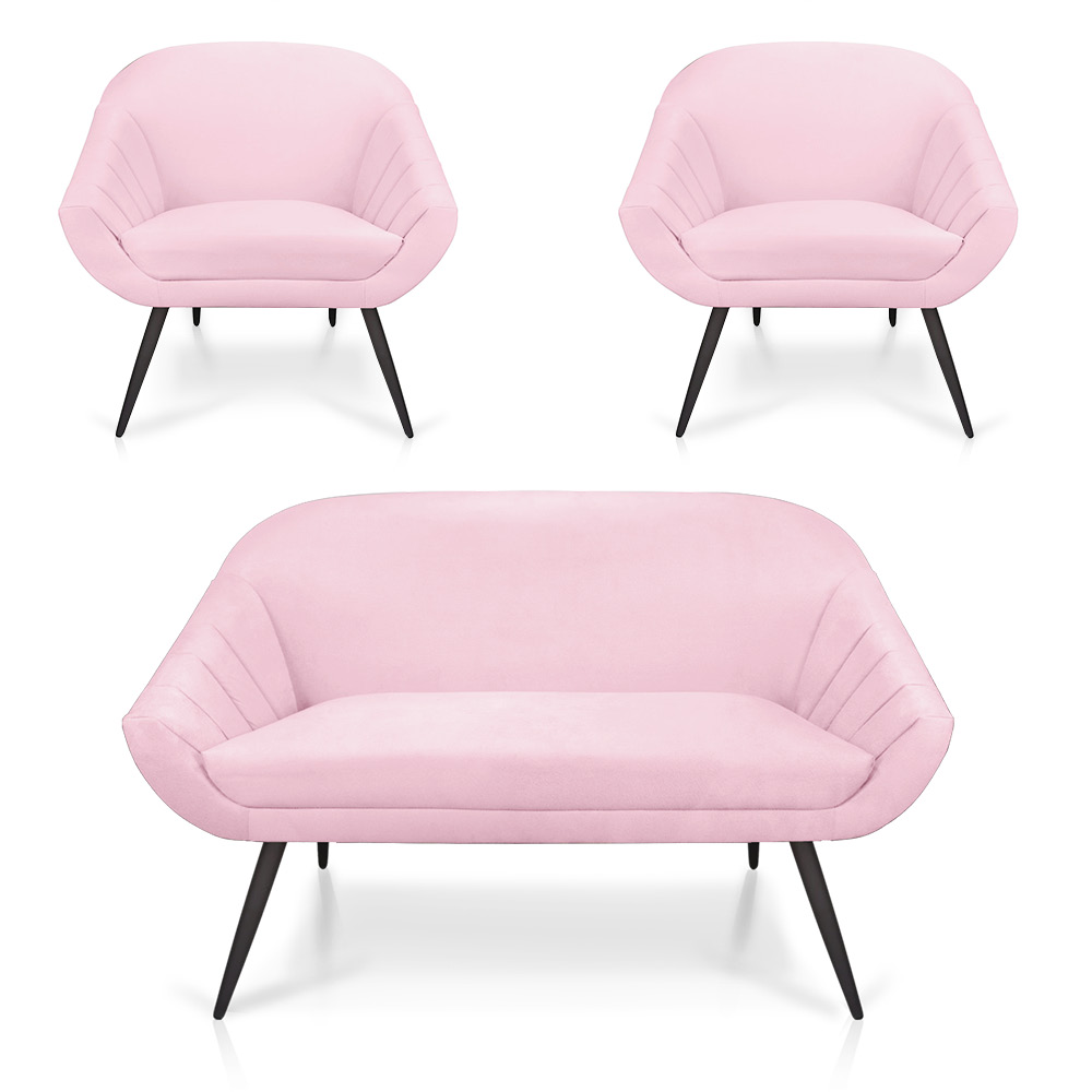 Kit 01 Namoradeira 02 Lugares e 02 Poltronas Giovana Suede Rosa Bebê Pés Palito De Ferro - D'Rossi