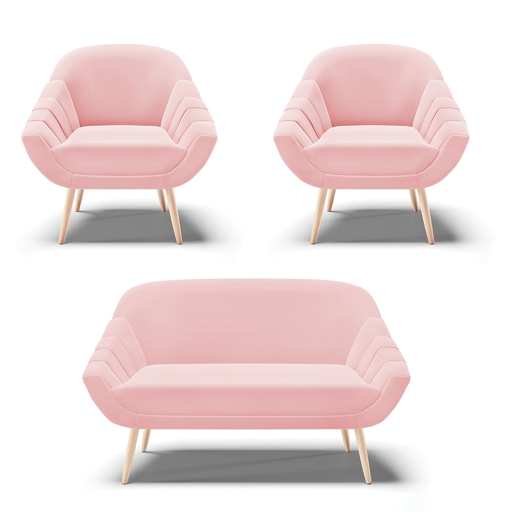 Kit 01 Namoradeira 02 Lugares e 02 Poltronas Giovana Suede Rosa Bebê Pés Palito Natural - D'Rossi