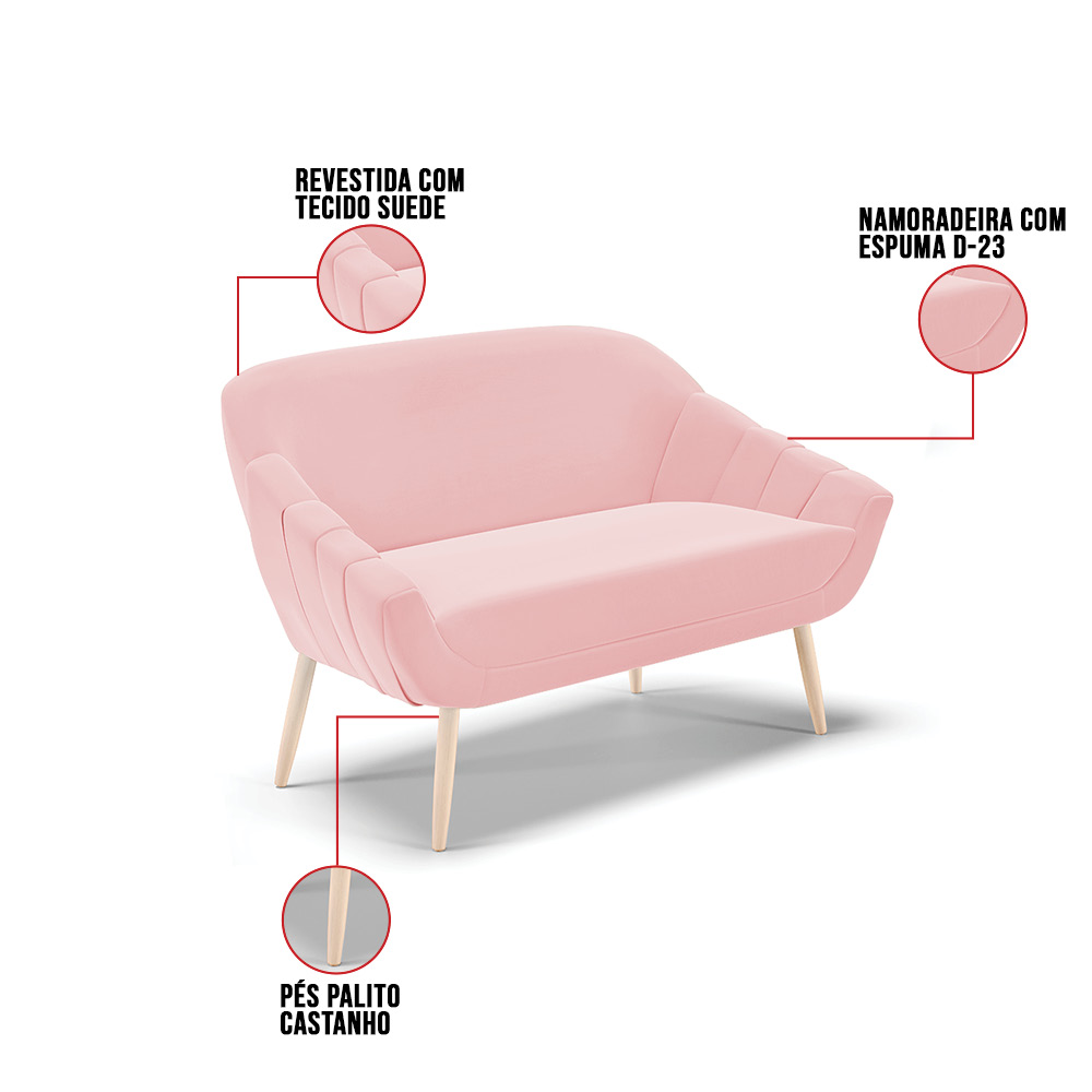 Kit 01 Namoradeira 02 Lugares e 02 Poltronas Giovana Suede Rosa Bebê Pés Palito Natural - D'Rossi